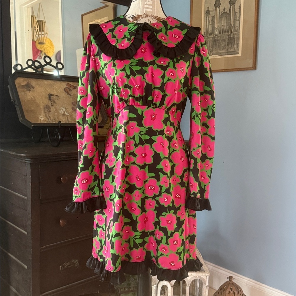 Asos Twisted Wunder Pink & Black Floral Print Bib Collar Long Sleeve Dress - Picture 15 of 15